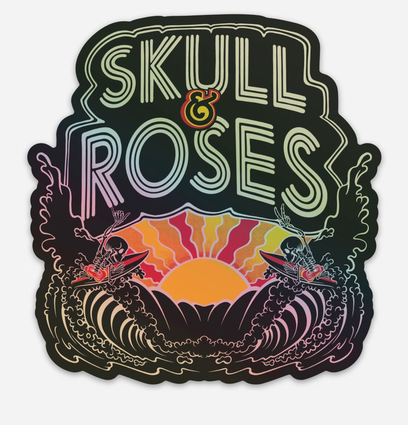 Skull & Roses 6 - dual surfers HOLOGRAPHIC sticker