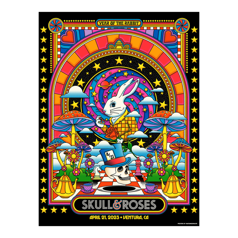 2023 Skull & Roses - Lunar New Year (Year of the Rabbit) poster by Nate Gonzalez = black light reactive inks!!